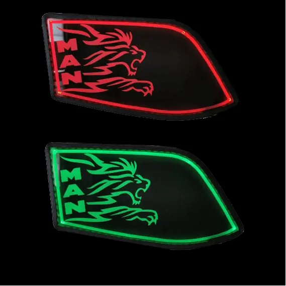 Man 2022 LED Back-Lit Custom Interior Door Panels, featuring two illuminated panels with MAN logo, ideal for MAN commercial vehicles, showcasing red and green lighting.