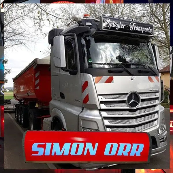 Mercedes-Benz Actros with Spiegler-Transporte sun visor, displaying a 105x30x15cm Standard Dutch Style Illuminated LED Headboard (White LED), parked outdoors.