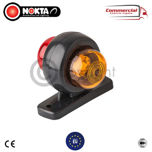 24 V Mini Short Stalk End Marker / Outline Position Light X 2 featuring dual-colored LED housing, black mounting foot, with CE-certification and Made in EU badges.