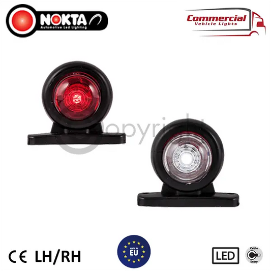 Two Nokta 24V Mini Short Stalk End Marker Lights; one red, one clear, on black bases; CE approved for commercial vehicles, flexible rubber, shockproof, waterproof design.