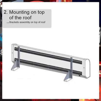 Installation manual page showing step 2 for mounting the 105x30x15cm Standard Dutch Style Illuminated LED Headboard on a flat roof with triangular metal brackets.