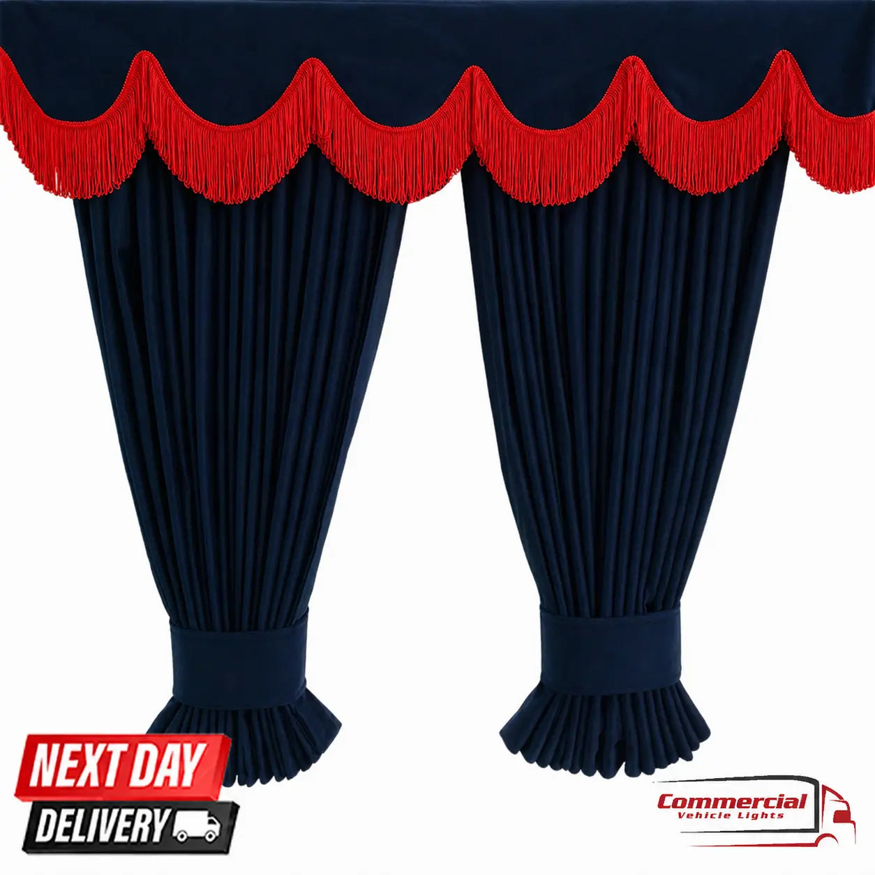 Navy Blue Truck Curtains With RED Tassel Set Premium Quality Double Lined Universal