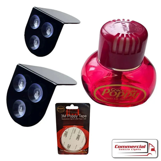 Premium Gloss Black Poppy Air Freshener Window Holder with LED pods, Gracemate Poppy air-freshener, and Poppy Tape, enhancing vehicle interiors with style and functionality.