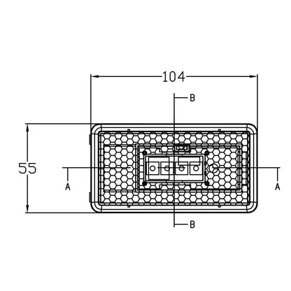 CAD drawing of New Side Marker Lamp for Scania, Part No. 1001-3065, featuring a honeycomb pattern and three LED sub-modules within a raised rectangle.