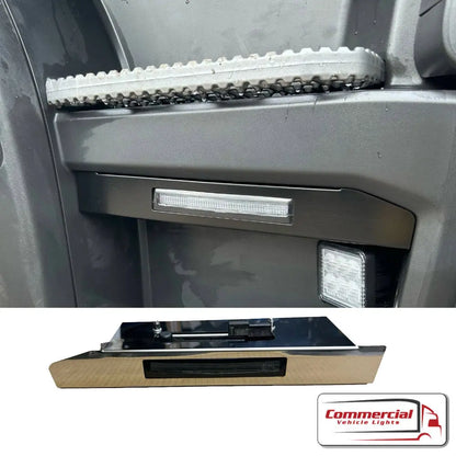 Next Gen Step Infill Light Bars for Scania, shown mounted under a truck step and as a standalone unit with stainless steel bracket, enhancing visibility and truck aesthetics.