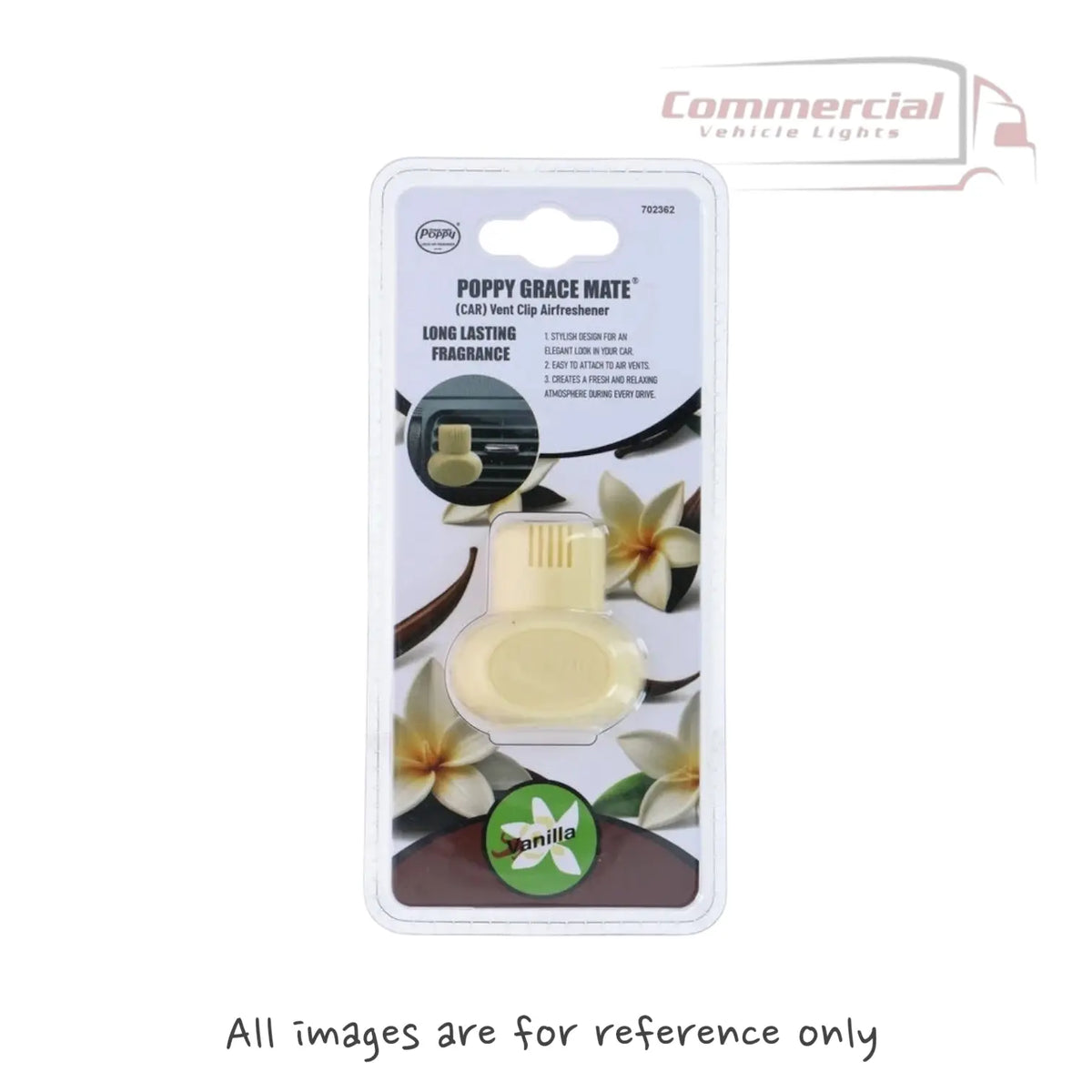 Poppy Eva Mini Air Freshener For Air Vent in a blister pack, featuring a vanilla scent and a strong clip for easy vehicle vent installation.