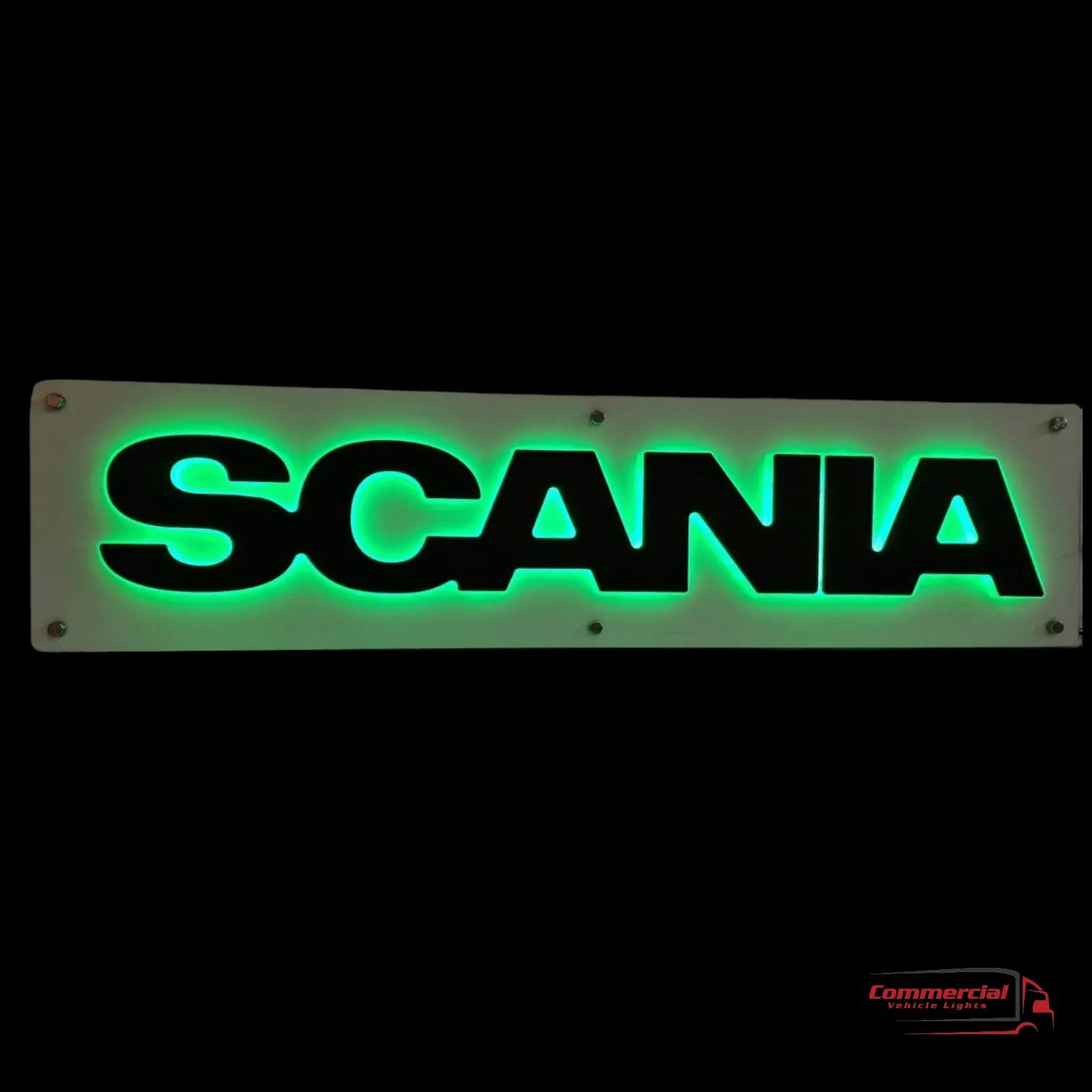 Illuminated R/S Series Truck Light Board featuring bold black SCANIA letters with green glow, mounted on a white panel, ideal for Scania trucks.