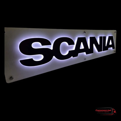 Scania back-lit acrylic sign with LED glow, mounted on a panel, featuring Commercial Vehicle Lights logo. R/S Series Truck Light Board, Scania Compatible.