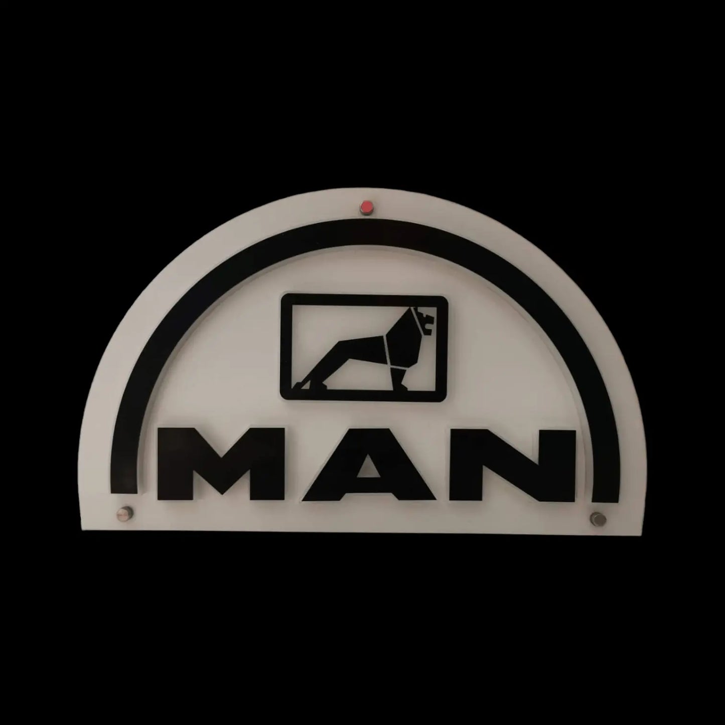 MAN 3D Truck Light Board featuring a semi-circular back-lit sign with MAN logo, stylized lion, in laminated wood and plexiglass for vehicle interiors.