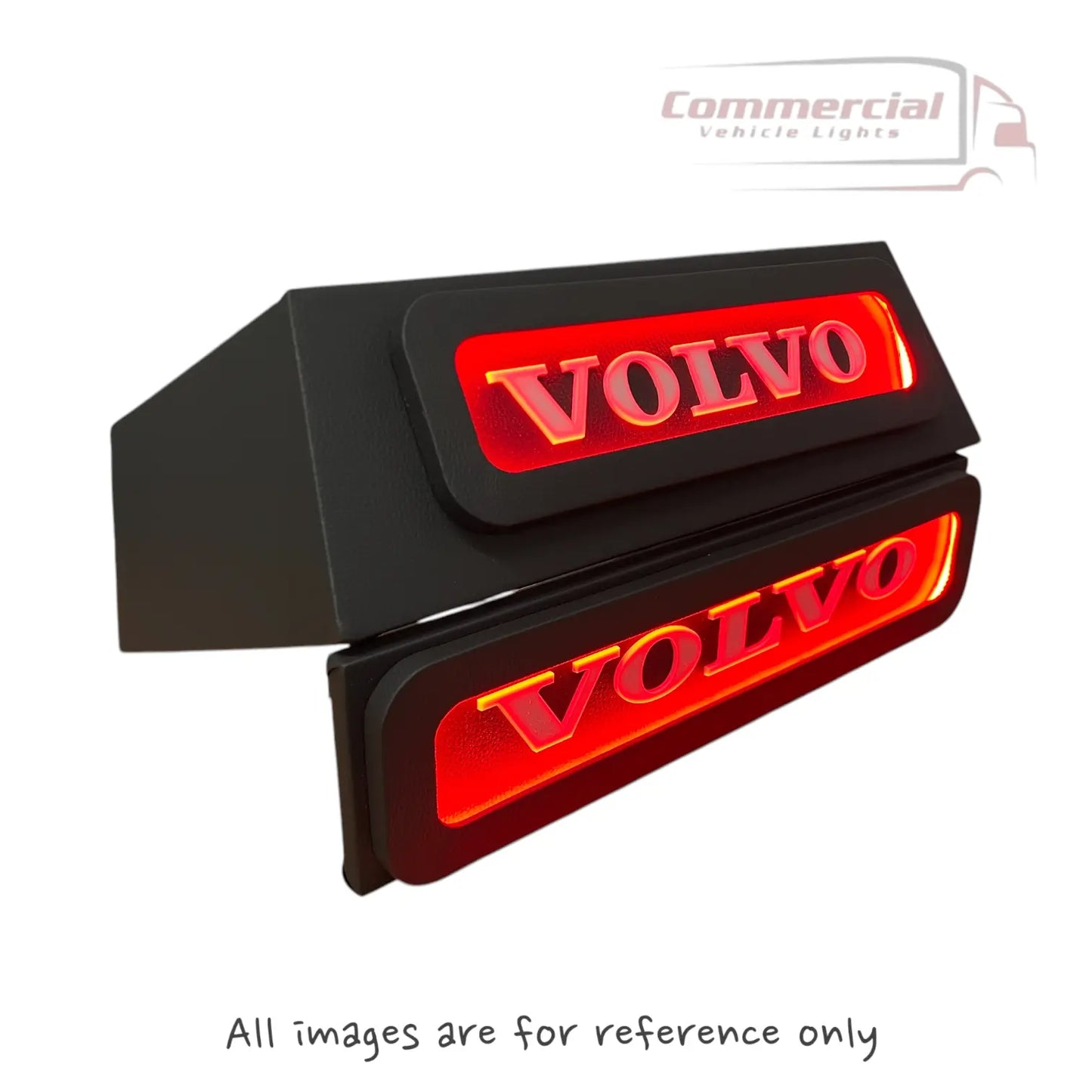 Black plastic housings with back-lit red VOLVO wordmark, designed as illuminated badges for Volvo FH/FM Truck Black LED Seat Bases, suitable for custom configurations.