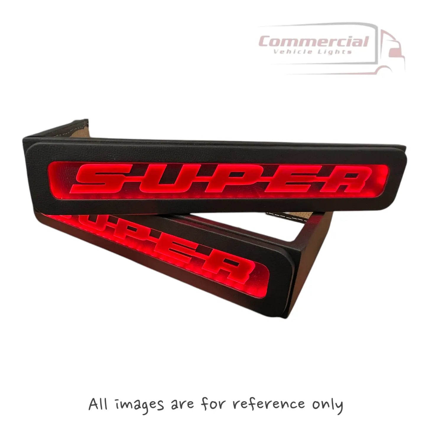 Scania Super Truck LED Seat Bases (Side Lit) with black plastic trim, featuring backlit red SUPER logo for custom commercial-vehicle fitment.