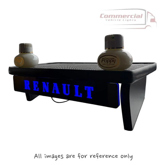 RENAULT MASTER (Vauxhall/Nissan) LED Dash Table, featuring a low-profile, rubber-matted tray, backlit RENAULT logo, and two Poppy air fresheners, enhancing van functionality.
