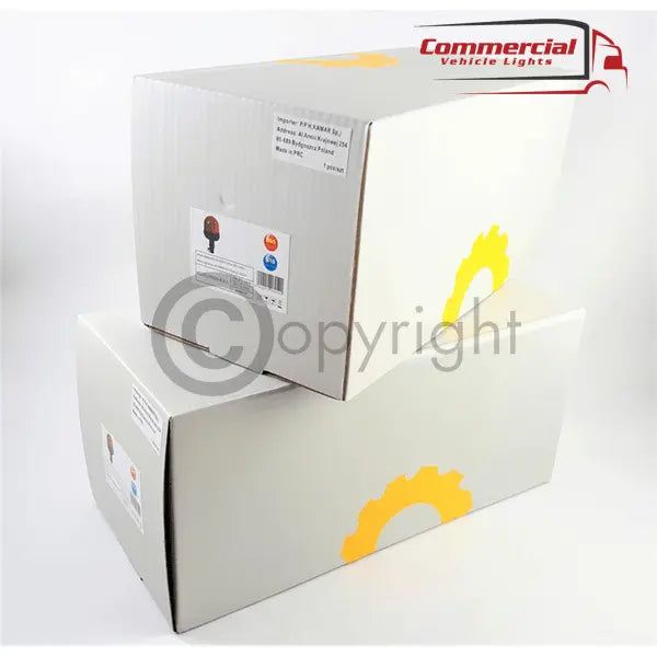 Two branded boxes of LED Flashing Beacon/Warning Lamp Flexi Din/Pole Mount 12/24v, showcasing the product label with an LED marker/tail lamp.