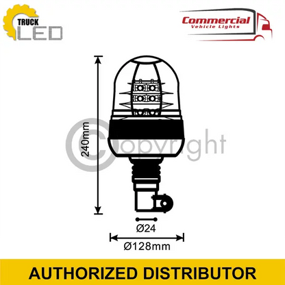 LED Flashing Beacon/Warning Lamp Flexi Din/Pole Mount 12/24v with translucent dome, 18 LEDs, mounting base, and dimensions: 240mm height, 128mm diameter.