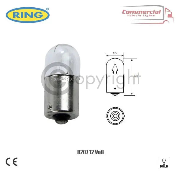 Ring R207 12v 5w Side And Tail Light Bulbs X 10, featuring a 35mm length and 15mm diameter, suitable for 12V commercial vehicles.