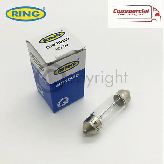 Ring R239 C5W 12V 5W festoon car bulb and blue-and-white packaging for license-plate or interior lighting, suitable for various vehicles. Package includes 10 bulbs.