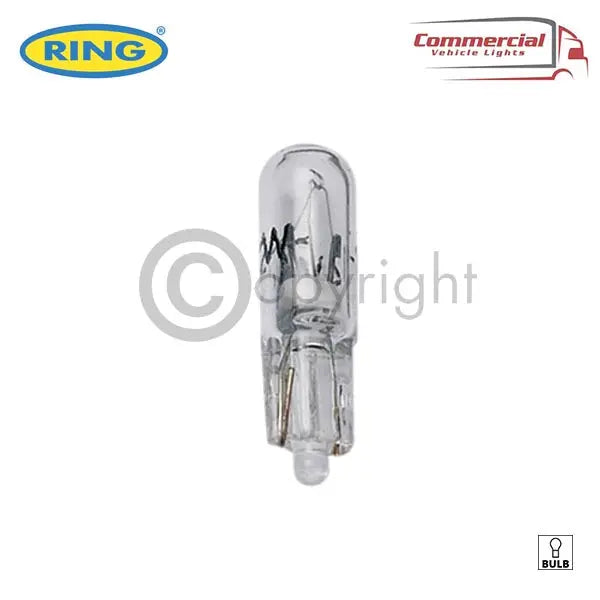 Ring R286 12v 5w Capless Bulb Panel X 10, clear halogen wedge-base lamp for commercial vehicle lighting, suitable for dashboards, license plates, and side-marker fittings.