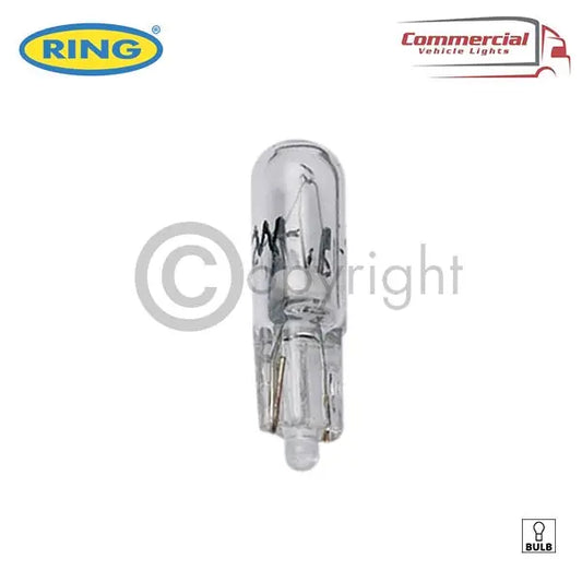 Ring R286 12v 5w Capless Bulb Panel X 10, clear halogen wedge-base lamp for commercial vehicle lighting, suitable for dashboards, license plates, and side-marker fittings.