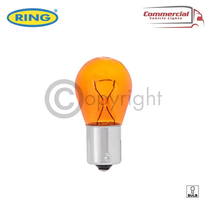 Ring R343 Standard Indicator Amber Bulb 12V 21W with bayonet base, CE approved, suitable for commercial vehicles. Includes 10 shockproof, waterproof bulbs.