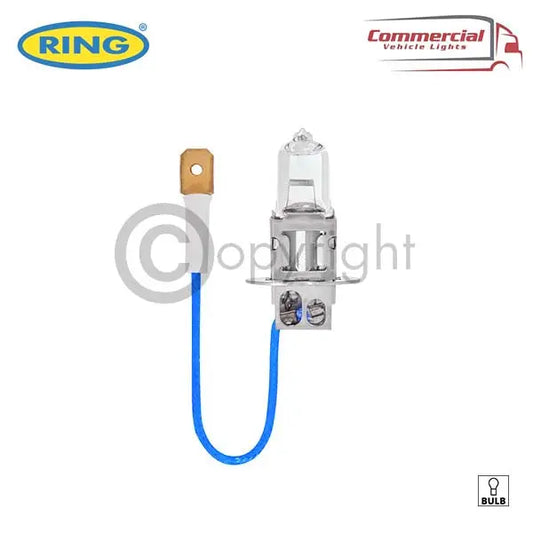 Ring R455 H3 Halogen Specialist Headlamp Bulb 6v 55w Pk22s X 10, showing glass capsule in metal base with lead wire and connector for vehicle installation.