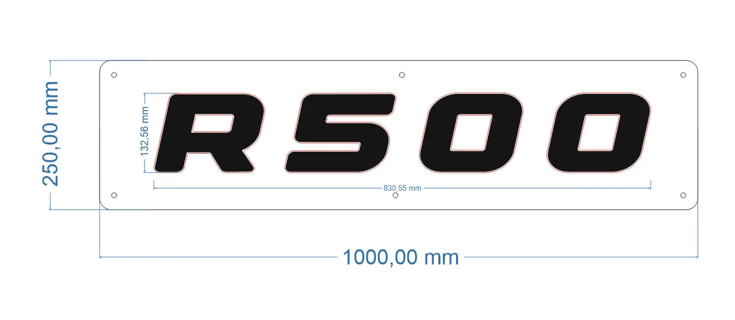 CAD drawing of R/S Series Truck Light Board (Scania Compatible), showing “R500” text, 1,000 mm × 250 mm dimensions, and mounting holes for versatile installation.