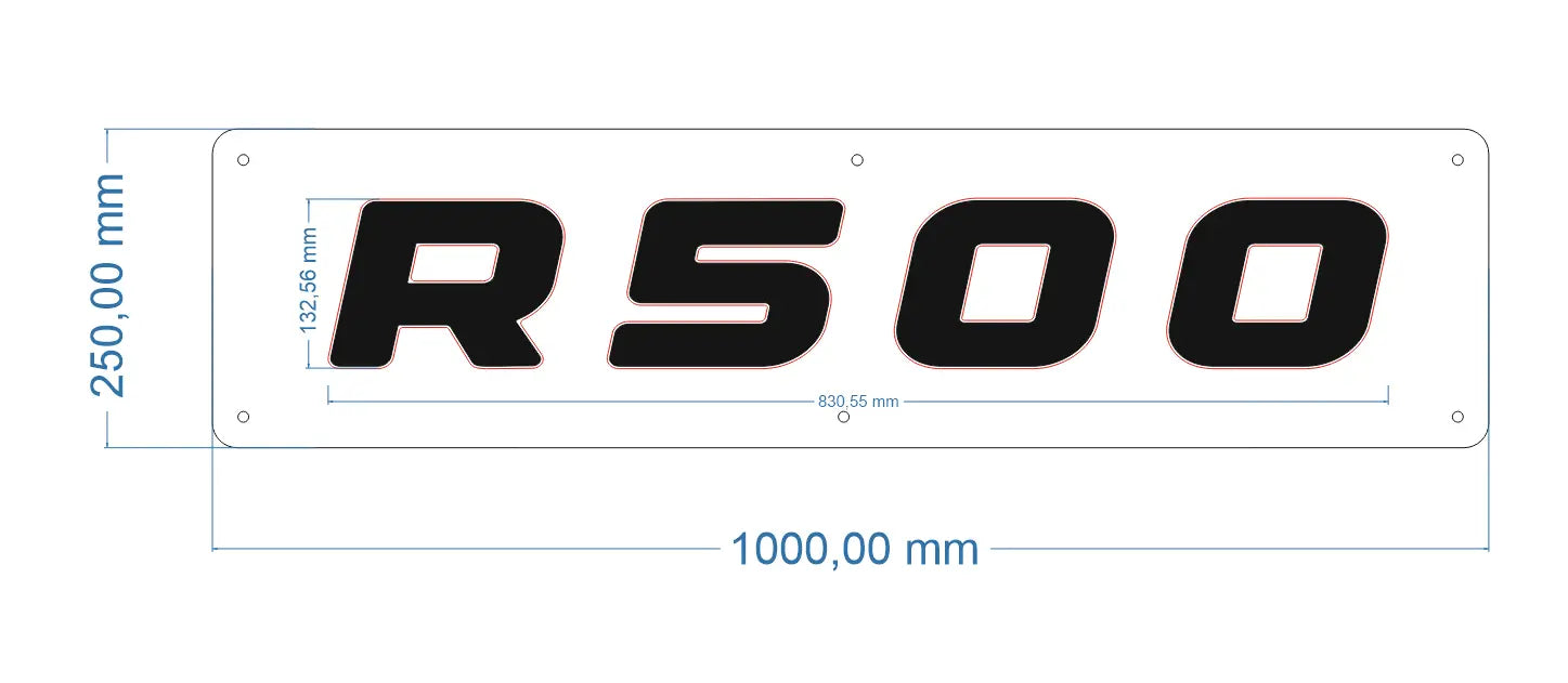 CAD drawing of R/S Series Truck Light Board (Scania Compatible), showing “R500” text, 1,000 mm × 250 mm dimensions, and mounting holes for versatile installation.