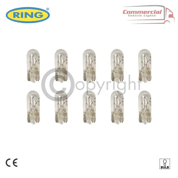 Pack of 10 Ring R507 24v 5w W5W capless side and panel bulbs, clear incandescent, wedge-base, CE-marked, suitable for commercial vehicle lighting.