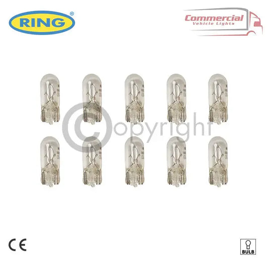 Pack of 10 Ring R507 24v 5w W5W capless side and panel bulbs, clear incandescent, wedge-base, CE-marked, suitable for commercial vehicle lighting.
