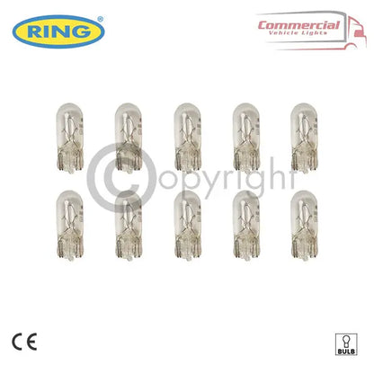 Ring R501 12V 5W W5W car side and tail light bulb, push fit, displayed in two rows of five, suitable for various commercial vehicles.