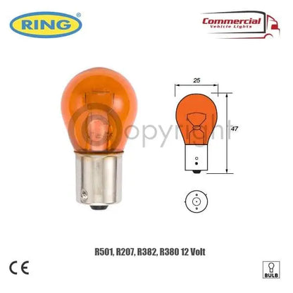 Ring R581 12v 21w Py21w Osp Bau15s Indicator, amber bulb with bayonet base, technical specs shown, suitable for commercial vehicles; package includes ten bulbs.