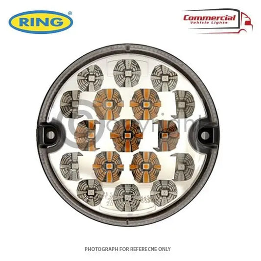 Round 95mm LED Stop Tail Indicator Lamp by Ring with 16 LED modules, suitable for 10V-33V vehicles, featuring a clear lens and E approval.