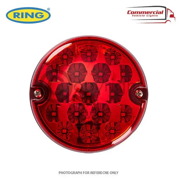Ring RCV4503 95mm LED Fog Lamp with red lens, grid of LEDs, and two mounting holes; part of Ring's Commercial Vehicle Lights range.