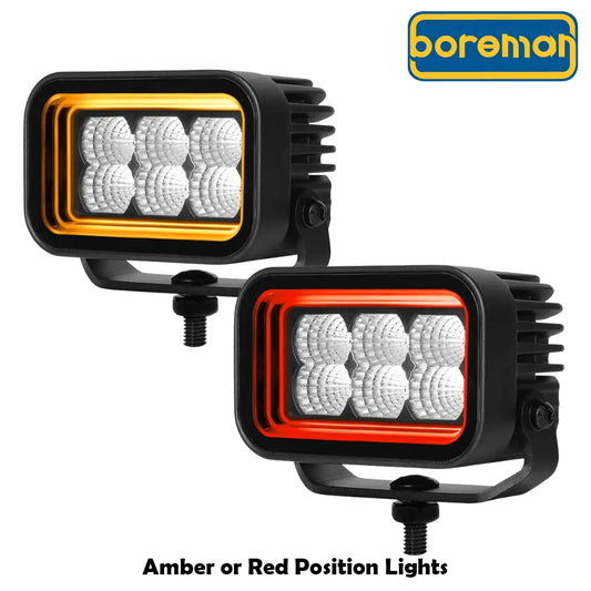 Boreman Work Lamp with 'Tunnel Effect' features rectangular LED pods in black aluminum with amber and red bezels, mounted on adjustable brackets, showcasing multi-function lighting.
