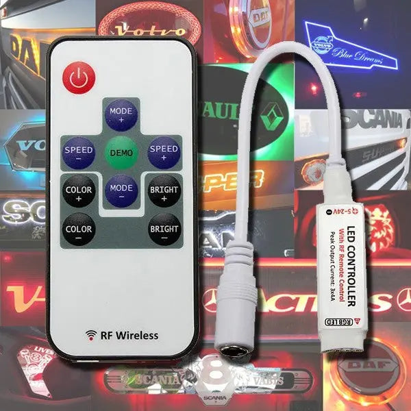 MAN Interior Truck Mirror 1000x180mm, featuring a remote-controlled RGB LED module and inline controller, set against illuminated vehicle logos backdrop.