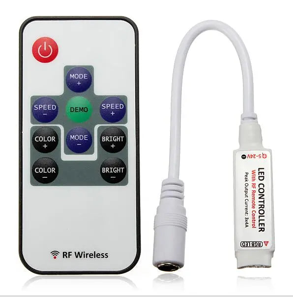 Scania R/S Series Truck Light Board and RF-wireless remote with inline LED controller for RGB LED strip lighting, showcasing customizable modes and brightness.