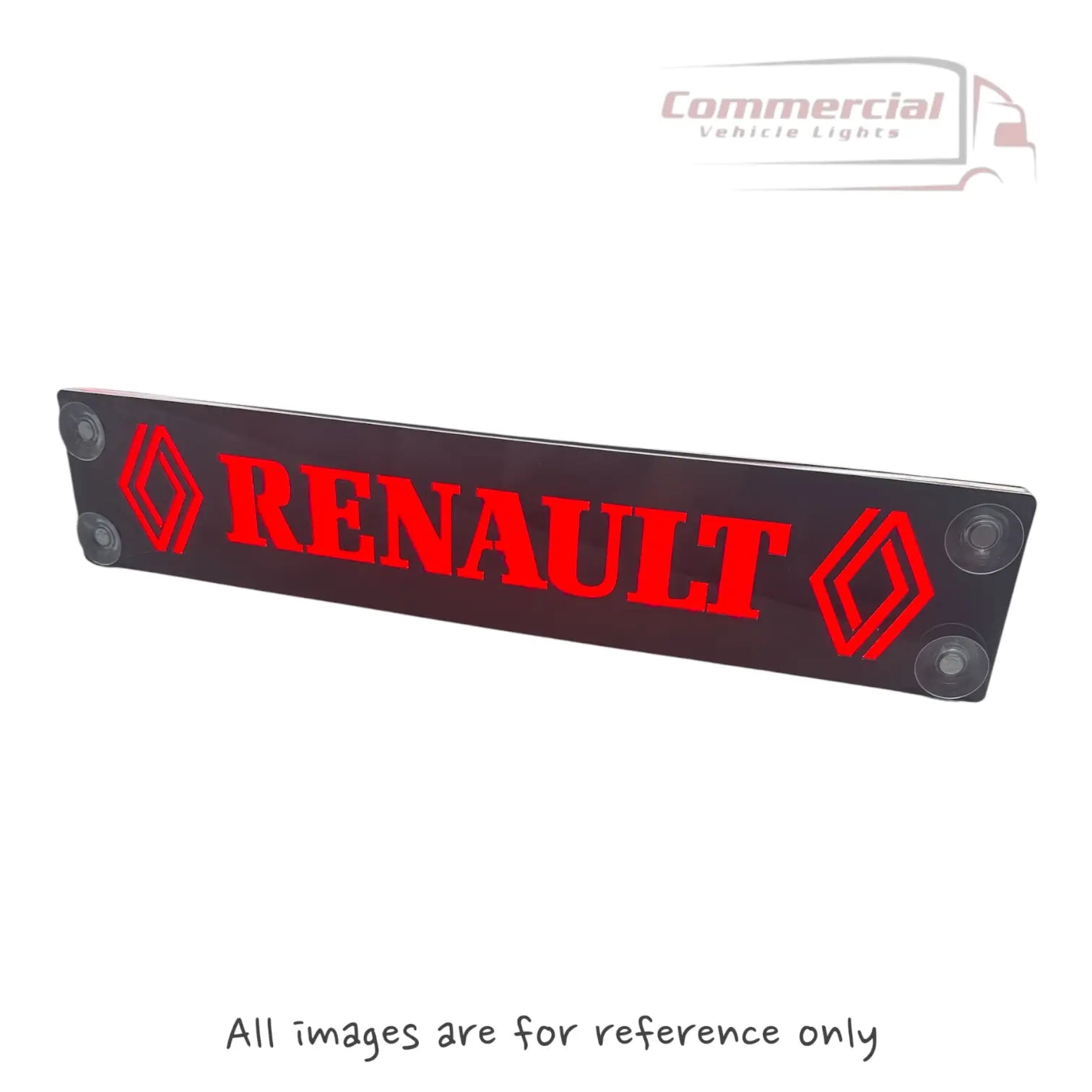 RENAULT MASTER LED Dash Table (2020-On): Slim LED sign with RENAULT in red block letters, diamond logos, suction cups for glass attachment, commercial branding.