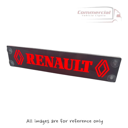 RENAULT MASTER LED Dash Table (2020-On): Slim LED sign with RENAULT in red block letters, diamond logos, suction cups for glass attachment, commercial branding.