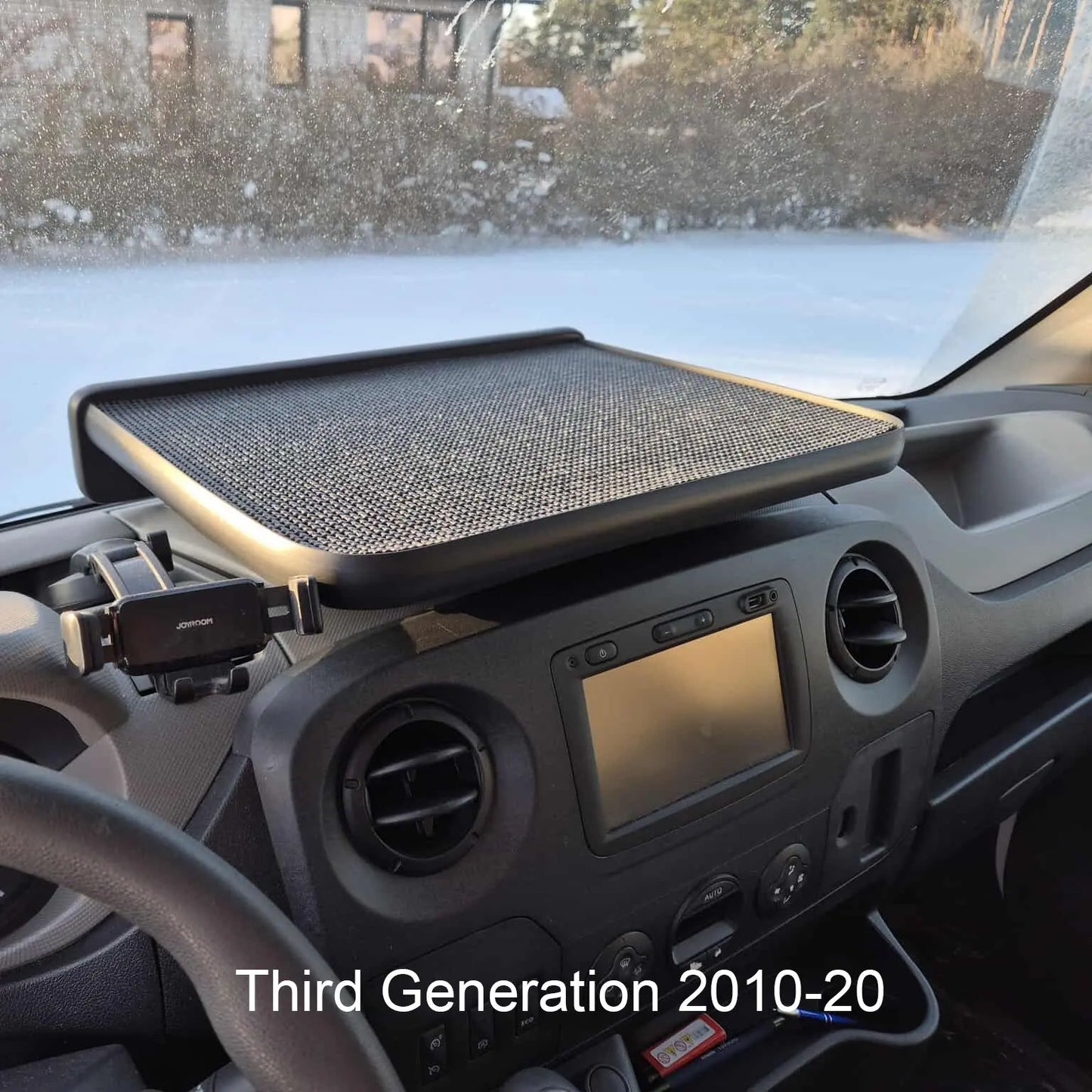 RENAULT MASTER (Vauxhall/Nissan) LED Dash Table, featuring a non-slip tray and phone cradle, fits 2010-2024 models, enhancing storage and visibility.