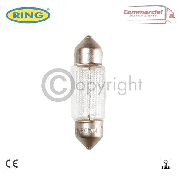 Ring R274 10W 24V festoon bulb with tubular glass and metal end-caps, designed for number plate lighting in trucks and commercial vehicles. Package includes 10 bulbs.