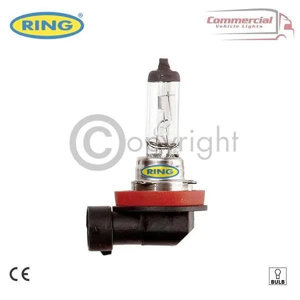 H11 Ring Bulb R458 24v 70w x10 with clear glass, right-angle plastic base, red gasket, CE marked, designed for commercial vehicle headlights.
