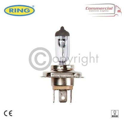 Ring H4 R472 Halogen Headlight Bulb, featuring Ring and Commercial Vehicle Lights branding, CE icons, packaged in a set of 10 for 12V vehicles.