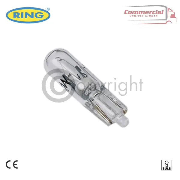 Ring R508 Miniature 24v 1.2w Capless W2x4.6d Bulb X 10, clear automotive wedge-base bulb with logos and CE mark visible. Suitable for trucks and trailers.