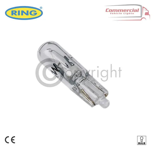 Ring R508 Miniature 24v 1.2w Capless W2x4.6d Bulb X 10, clear automotive wedge-base bulb with logos and CE mark visible. Suitable for trucks and trailers.