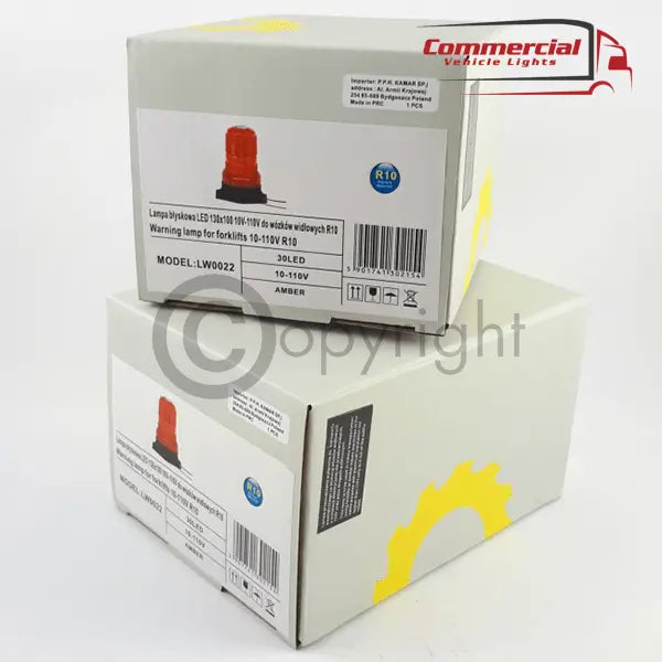 Stacked retail cartons for the LED Flashing Beacon/Warning Lamp With Screw Base 12/24v, featuring 30 LEDs, amber color, and shockproof, waterproof design.