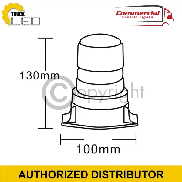 Line drawing of LED Flashing Beacon/Warning Lamp with Screw Base 12/24v, showing dimensions, brand logos, and AUTHORIZED DISTRIBUTOR banner. Suitable for commercial vehicles.