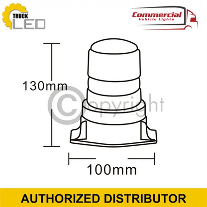 Line drawing of LED Flashing Beacon/Warning Lamp with Screw Base 12/24v, showing dimensions, brand logos, and AUTHORIZED DISTRIBUTOR banner. Suitable for commercial vehicles.