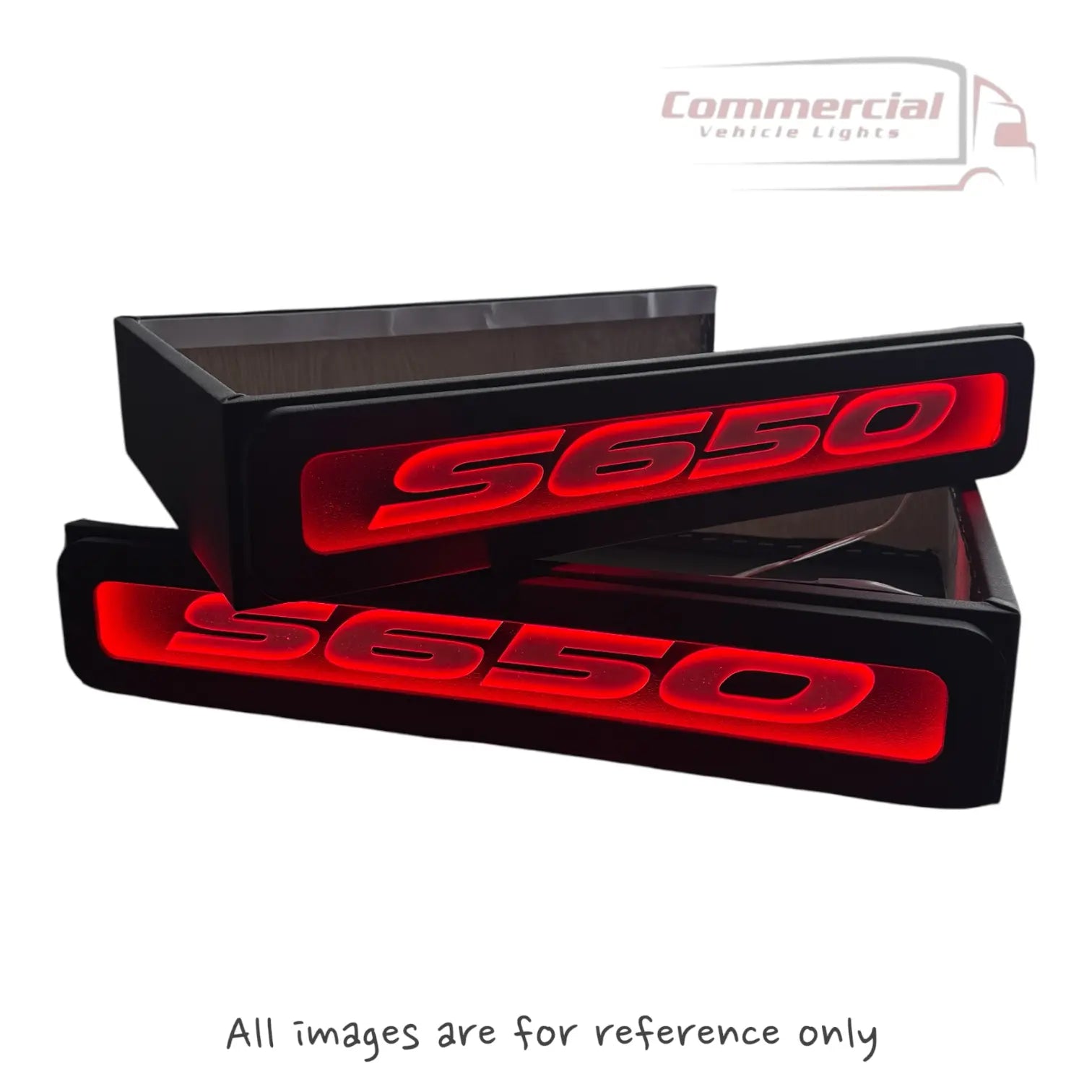 Scania Next Gen S650 LED Seat Bases with red LED nameplates, black housing, ideal for custom truck interiors, designed for passenger, swivel, or captain seats.