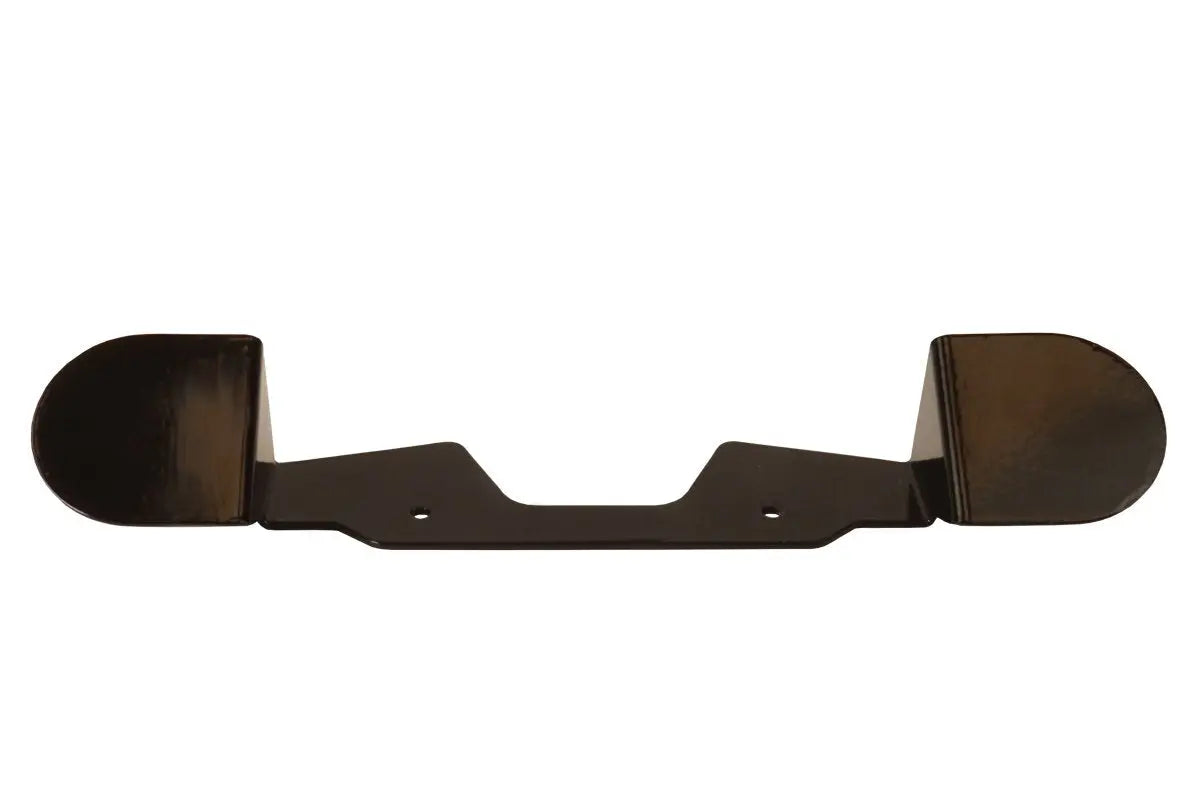 Double Poppy Window Holder: Black stamped-steel bracket with flat center and semicircular flanged ends, designed to securely hold two air fresheners in truck cabins.