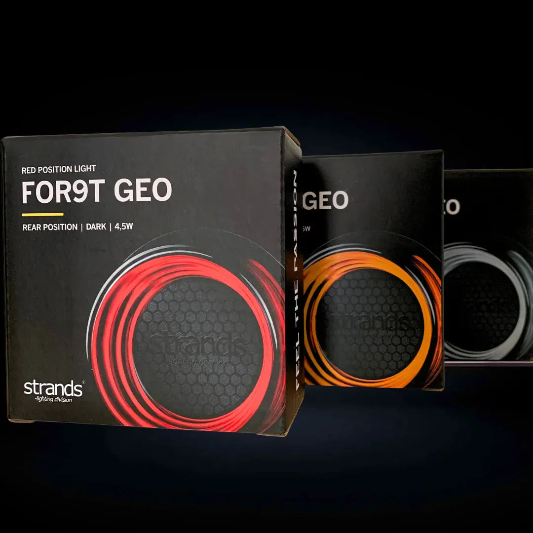 Strands FOR9T Geo Outline Marker Lights packaging, featuring a black box with “Red Position Light” and specifications, flanked by similar boxes with varied circular graphics.