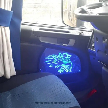 Scania Led Interior Door Panels P-G-R-S Series showcased in a truck cab, featuring a blue acrylic panel with a crowned griffin emblem on the door.